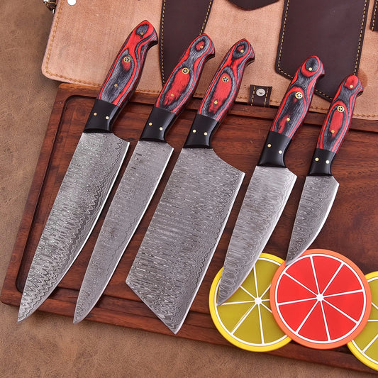 Crimson Vortex 5-piece Damascus chef knife set with red and black dyed wood handles and leather roll by Shard Blade