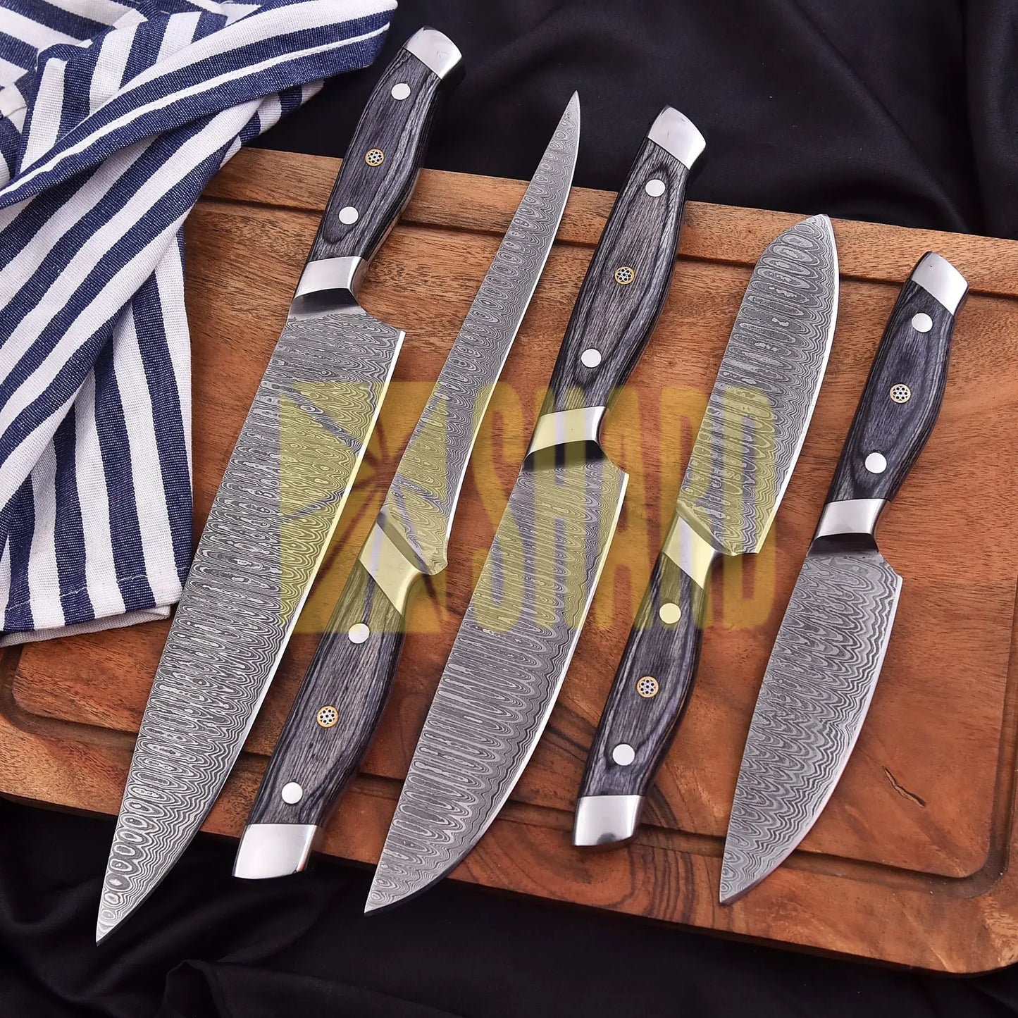 Obsidian Rain – 5-Piece Hand-Forged Damascus Raindrop Chef Knife Set by Shard Blade
