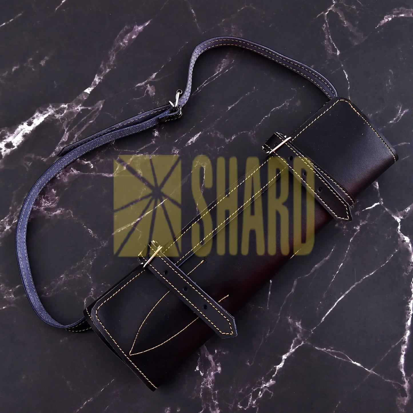 Handmade 5-piece chef set with clear steel finish, polished bolster, rosewood handles, and leather roll.