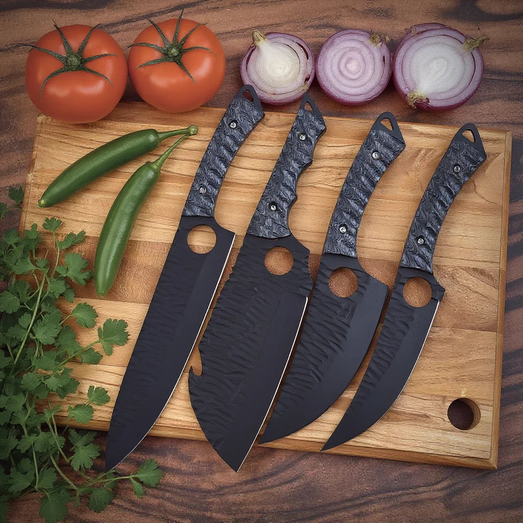 High-quality image of 4 pieces carbon steel knife chef set with striated black wood handle and leather portfolio