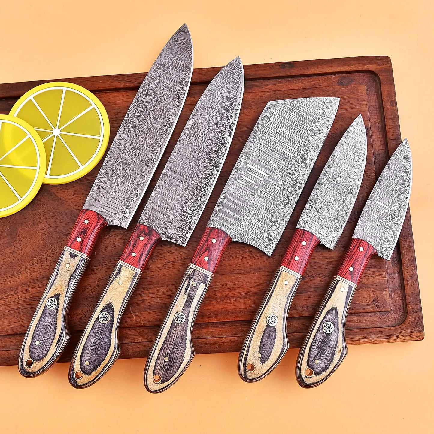 Shard Blade™ EmberEdge – 5-Piece Handmade Damascus Chef Knife Set with Rosewood Bolster & Distressed Handle