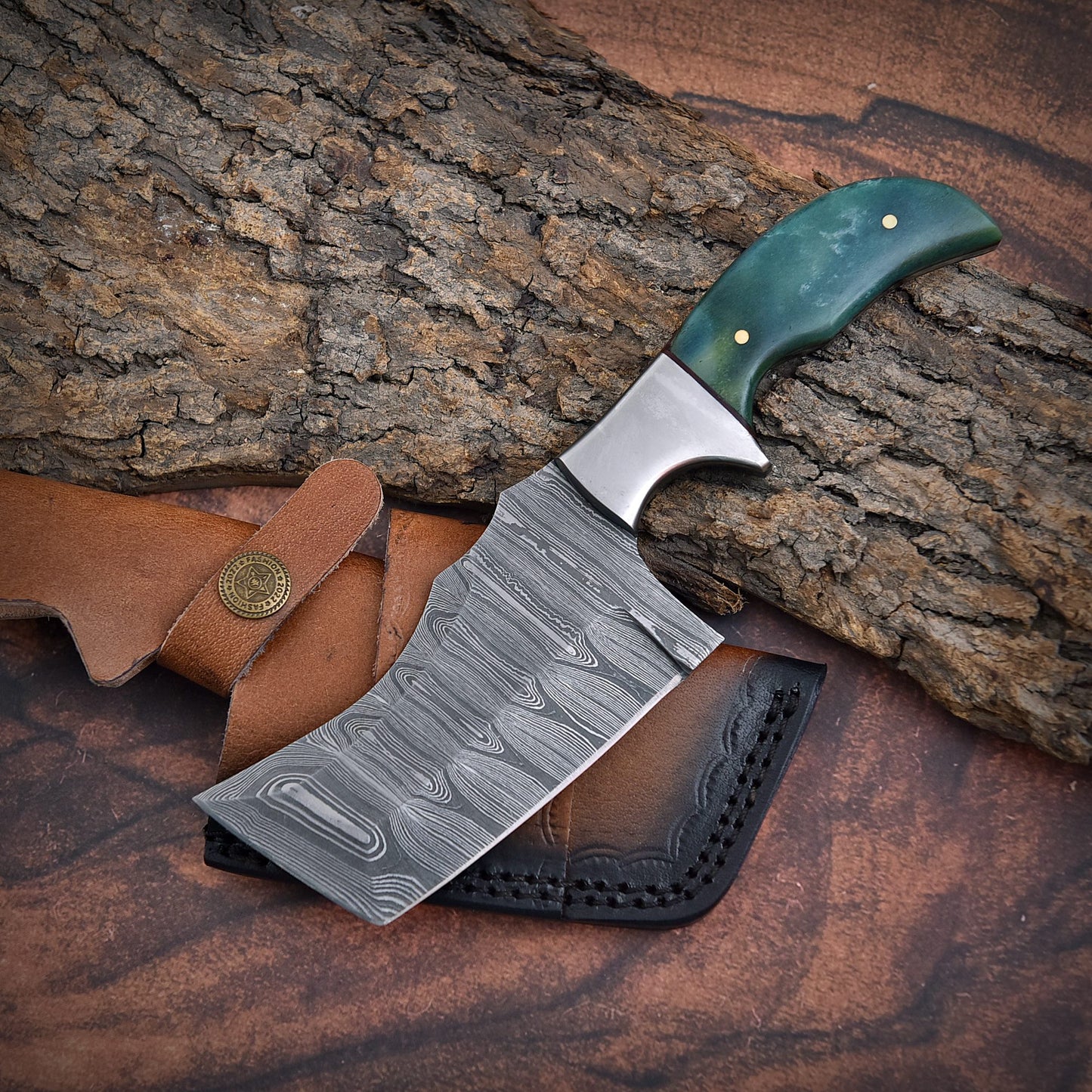 Shard Blade™ Greenhorn Rhino – Damascus Steel Culinary Cleaver with Green Bone Handle