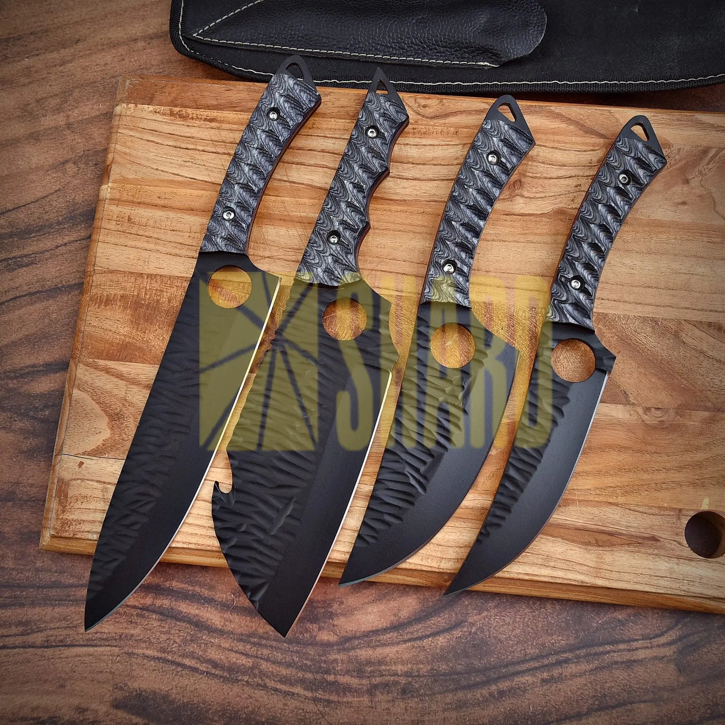 Shard Blade™ Black Ember Series – 4-Piece High Carbon Steel Chef Knife Set with Leather Roll