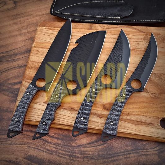 Shard Blade™ Black Ember Series – 4-Piece High Carbon Steel Chef Knife Set with Leather Roll
