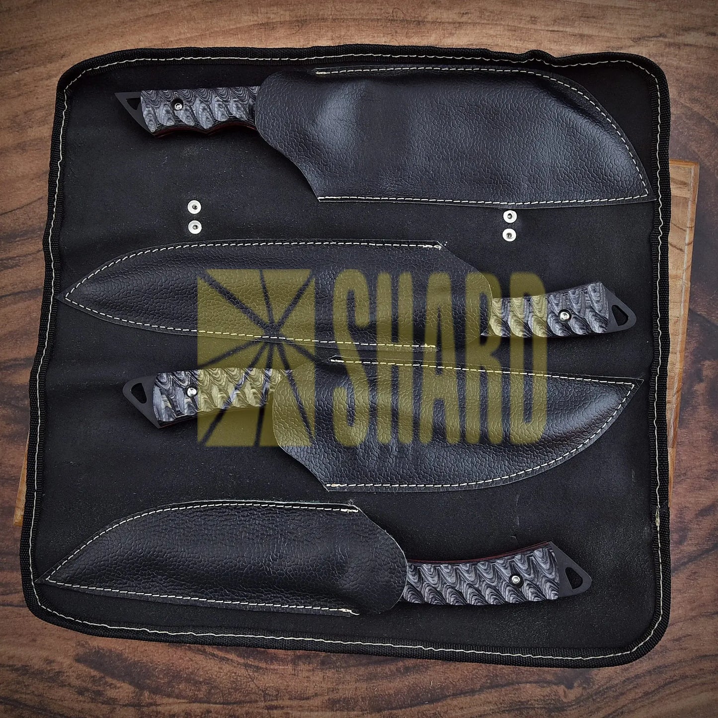 Shard Blade™ Black Ember Series – 4-Piece High Carbon Steel Chef Knife Set with Leather Roll