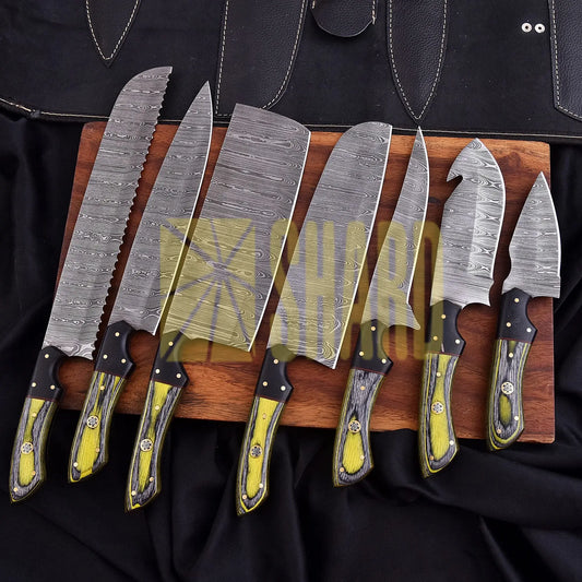 The Hornet Collection – 7-Piece Hand-Forged Damascus Steel Chef Knife Set