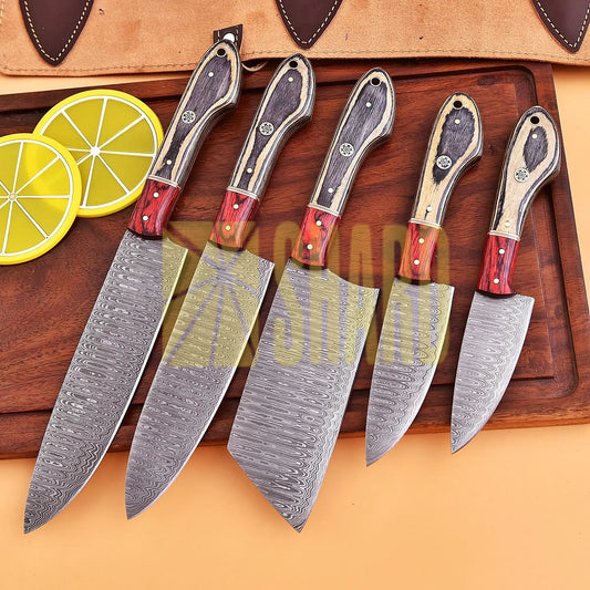 Shard Blade™ EmberEdge – 5-Piece Handmade Damascus Chef Knife Set with Rosewood Bolster & Distressed Handle