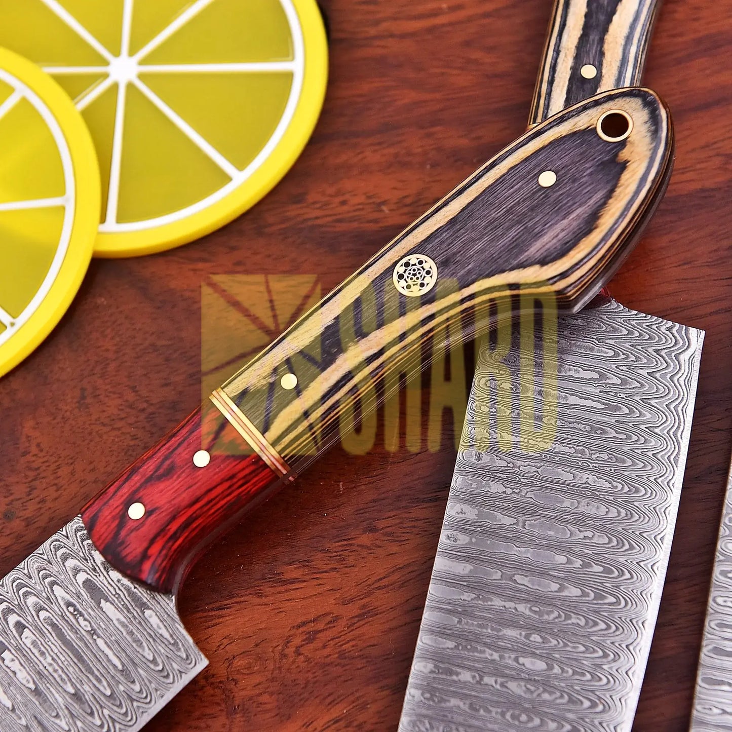 Shard Blade™ EmberEdge – 5-Piece Handmade Damascus Chef Knife Set with Rosewood Bolster & Distressed Handle