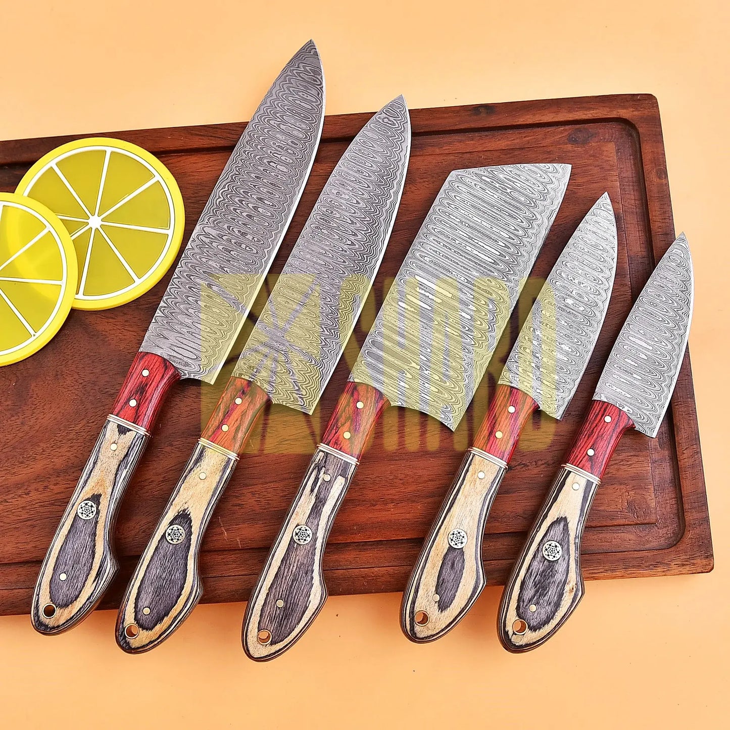 Shard Blade™ EmberEdge – 5-Piece Handmade Damascus Chef Knife Set with Rosewood Bolster & Distressed Handle