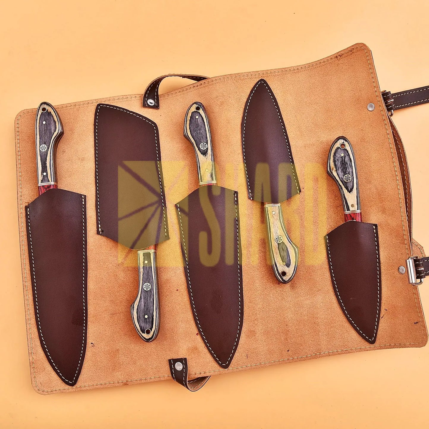 Shard Blade™ EmberEdge – 5-Piece Handmade Damascus Chef Knife Set with Rosewood Bolster & Distressed Handle