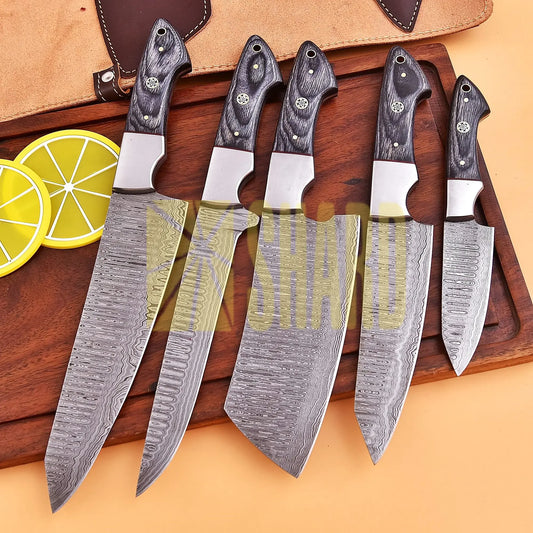 Shard Blade™ Eclipse Edge – 5-Piece Damascus Steel Chef Knife Set with Black Wood Handles & Leather Roll
