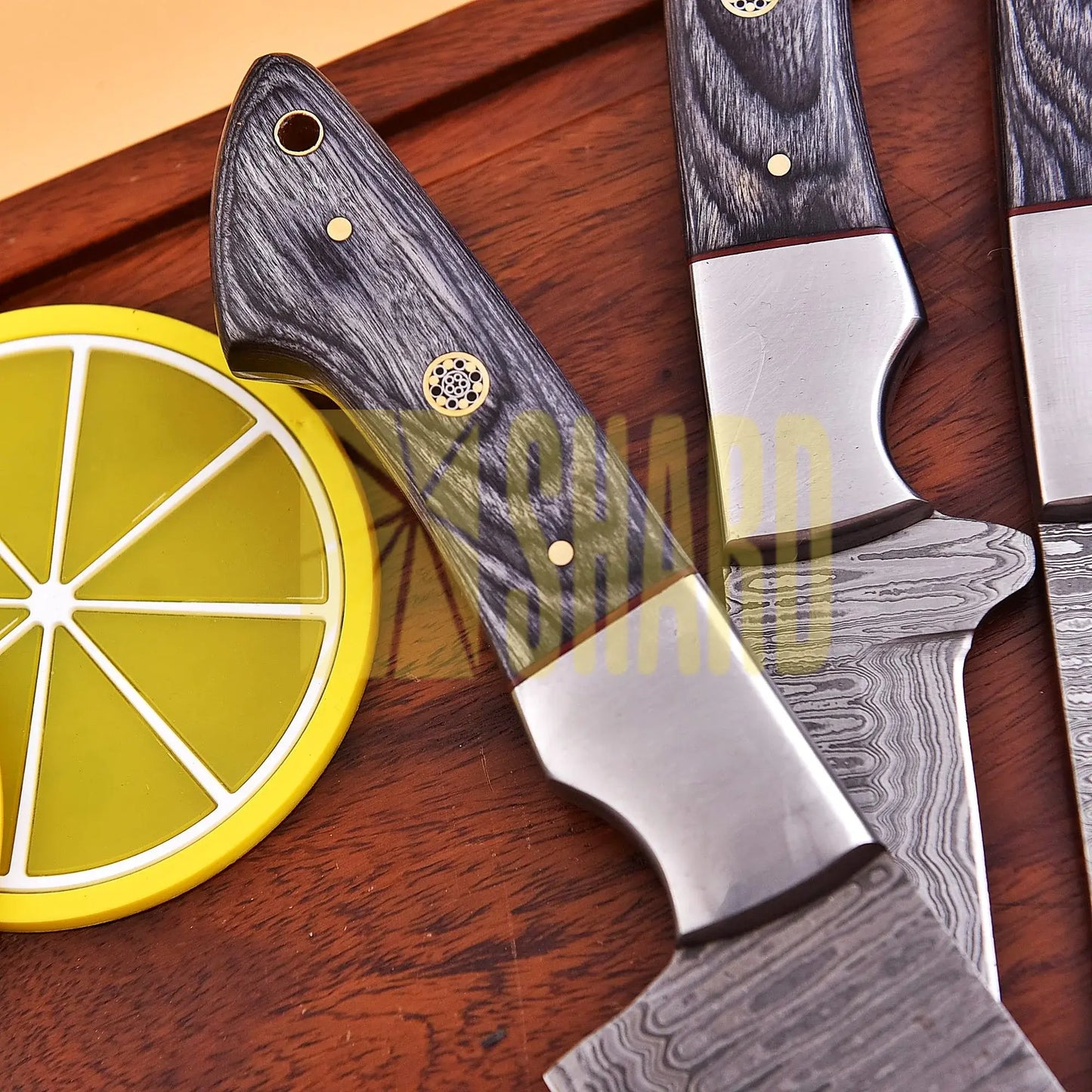 Shard Blade™ Eclipse Edge – 5-Piece Damascus Steel Chef Knife Set with Black Wood Handles & Leather Roll