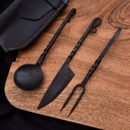 Shard Blade "Hearth Born Set" – Hand-Forged Blacksmith Utility Knife, Fork & Spoon Set