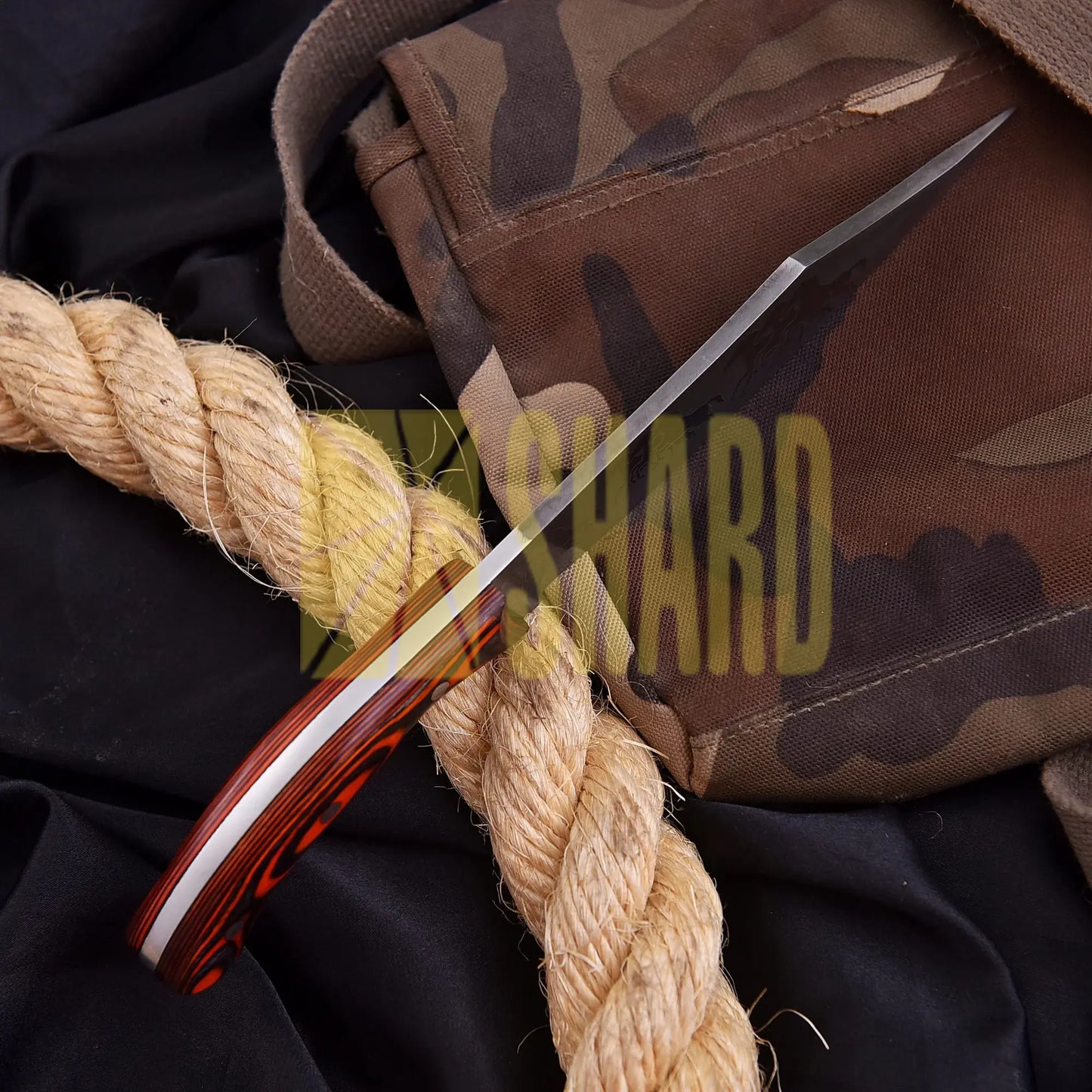 “Mustang Edge” – 1095-Carbon Steel Chef by Shard Blade Knife with Orange & Black Wood Handle and Leather Carrying Case