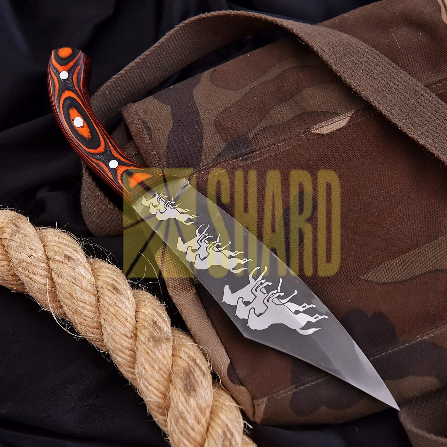“Mustang Edge” – 1095-Carbon Steel Chef by Shard Blade Knife with Orange & Black Wood Handle and Leather Carrying Case