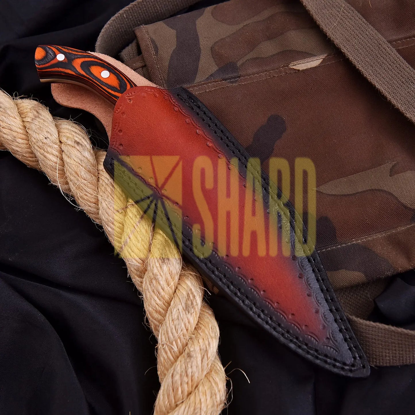 “Mustang Edge” – 1095-Carbon Steel Chef by Shard Blade Knife with Orange & Black Wood Handle and Leather Carrying Case