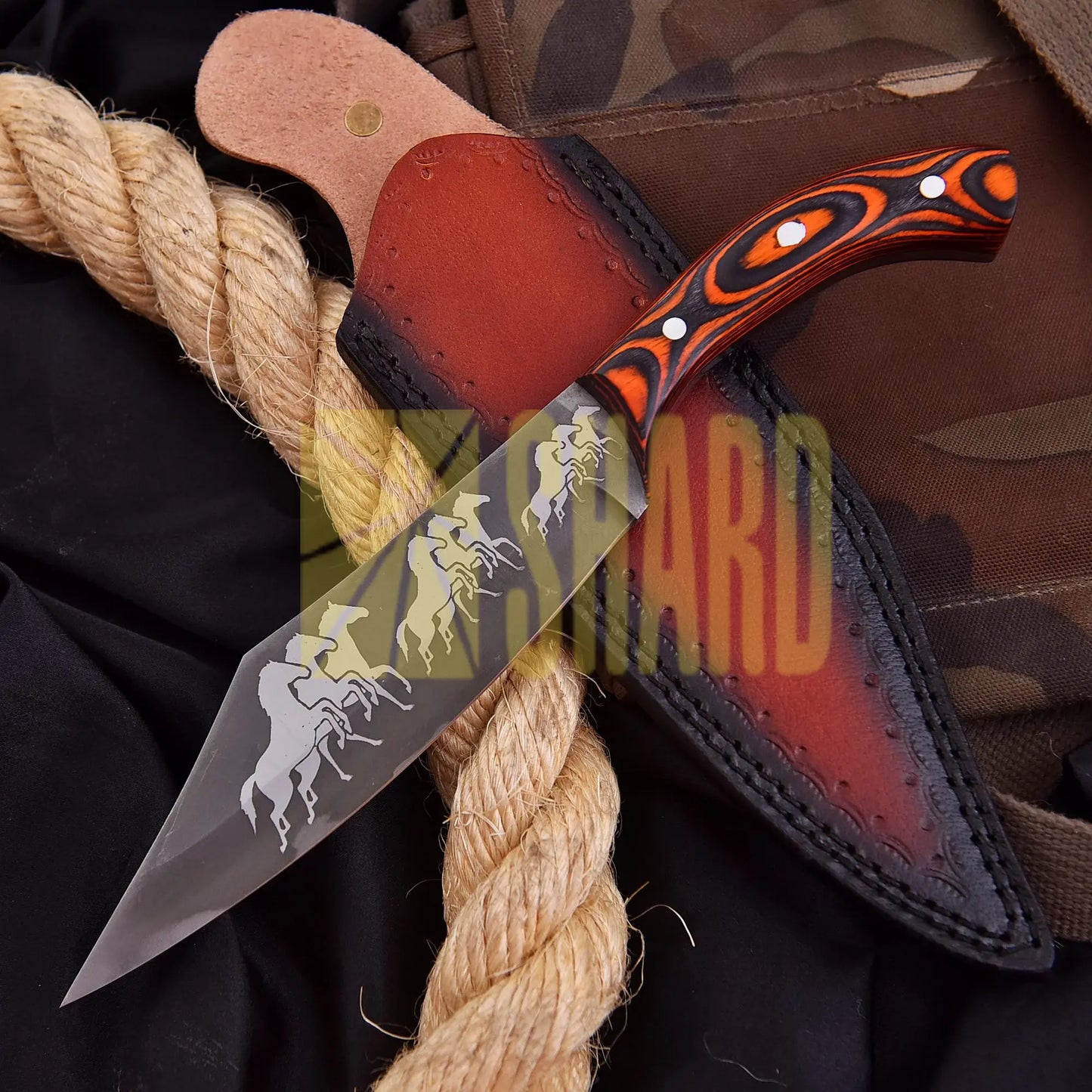 “Mustang Edge” – 1095-Carbon Steel Chef by Shard Blade Knife with Orange & Black Wood Handle and Leather Carrying Case
