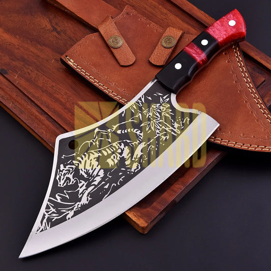 Shard Blade™ Tiger’s Roar — Hand-Forged Carbon Steel Cleaver Knife with Leather Sheath