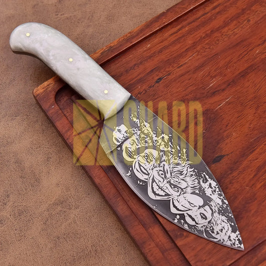 Shard Blade “Jester’s Fang” Halloween Cleaver/Skinner Knife – 1095 Carbon Steel with Mother of Pearl Acrylic Handle