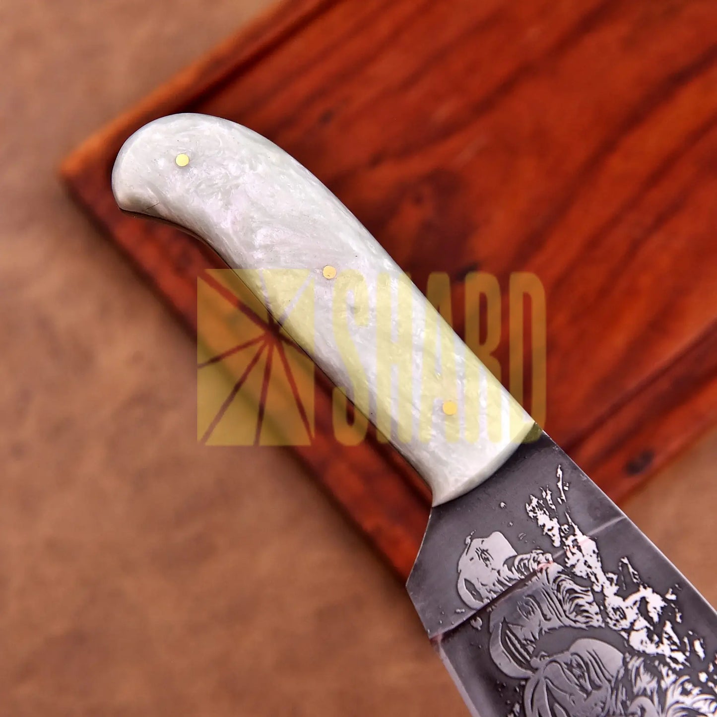 Shard Blade “Jester’s Fang” Halloween Cleaver/Skinner Knife – 1095 Carbon Steel with Mother of Pearl Acrylic Handle