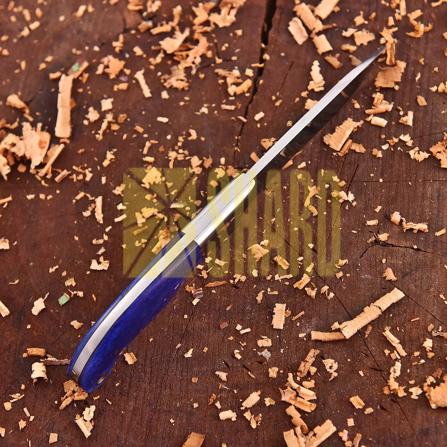 Handcrafted clear steel kitchen tool with sapphire resin handle – The Sapphire Grace by Shard Blade
