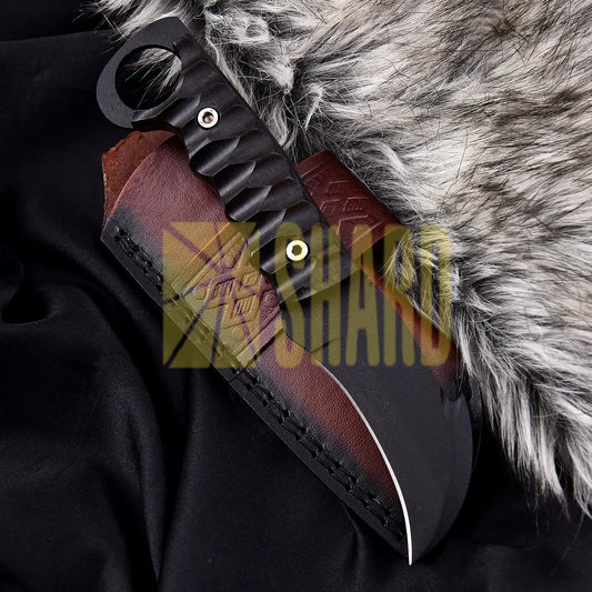 Shadowcrest Damascus Stag Knife with 9-inch curved blade, stag handle, and rear ring