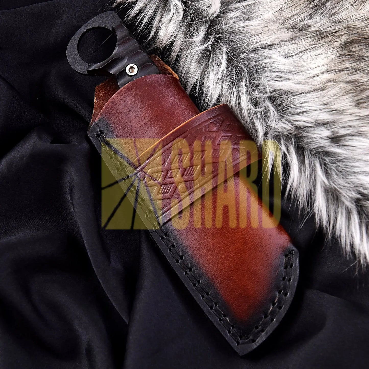 Shadowcrest Damascus Stag Knife with 9-inch curved blade, stag handle, and rear ring