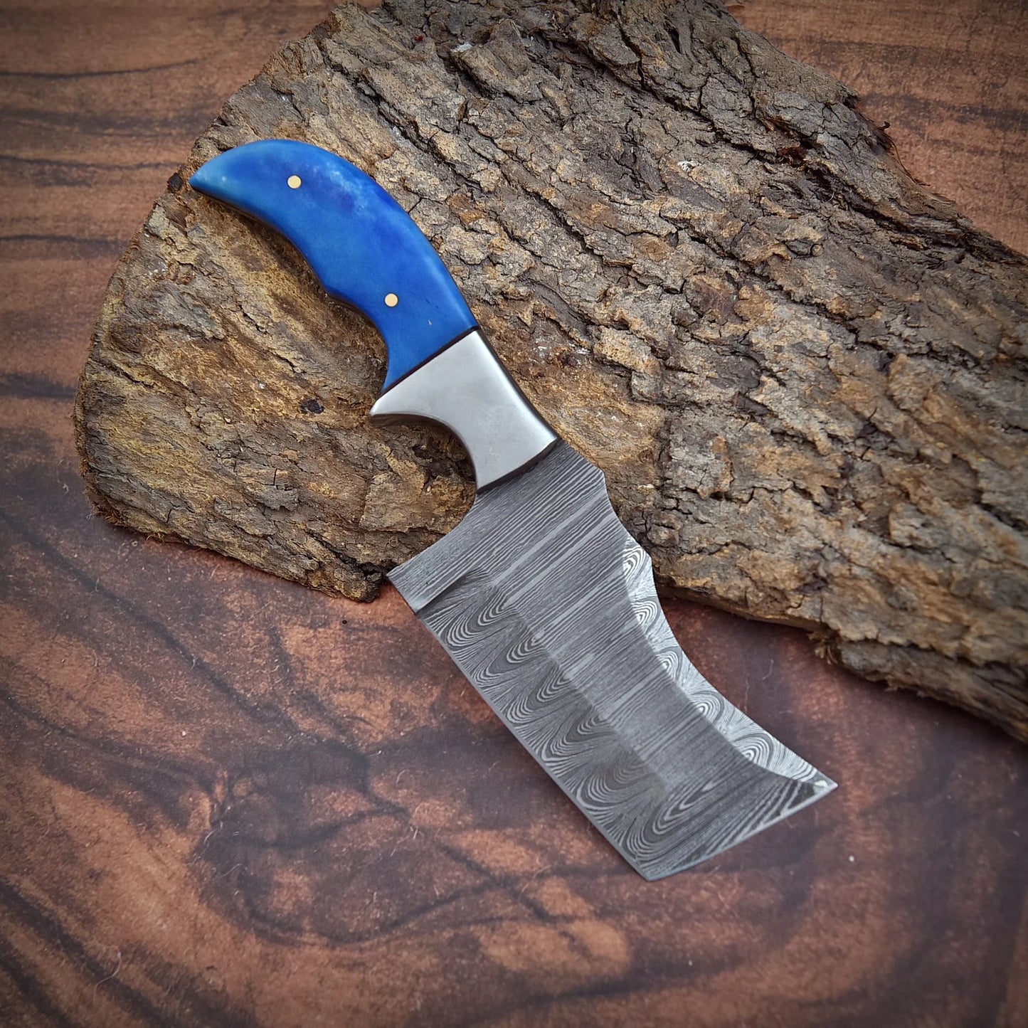 Shard Blade Bluehorn Rhino Damascus Culinary Cleaver with Blue Bone Handle