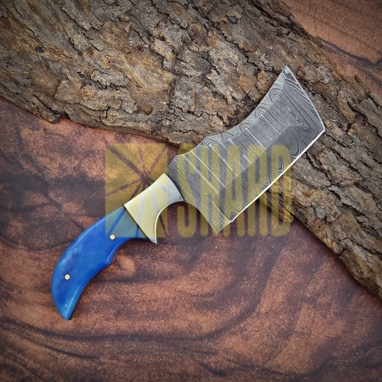 Shard Blade™ Bluehorn Rhino – 8” Hand-Forged Damascus Culinary Cleaver with Blue Dyed Bone Handle