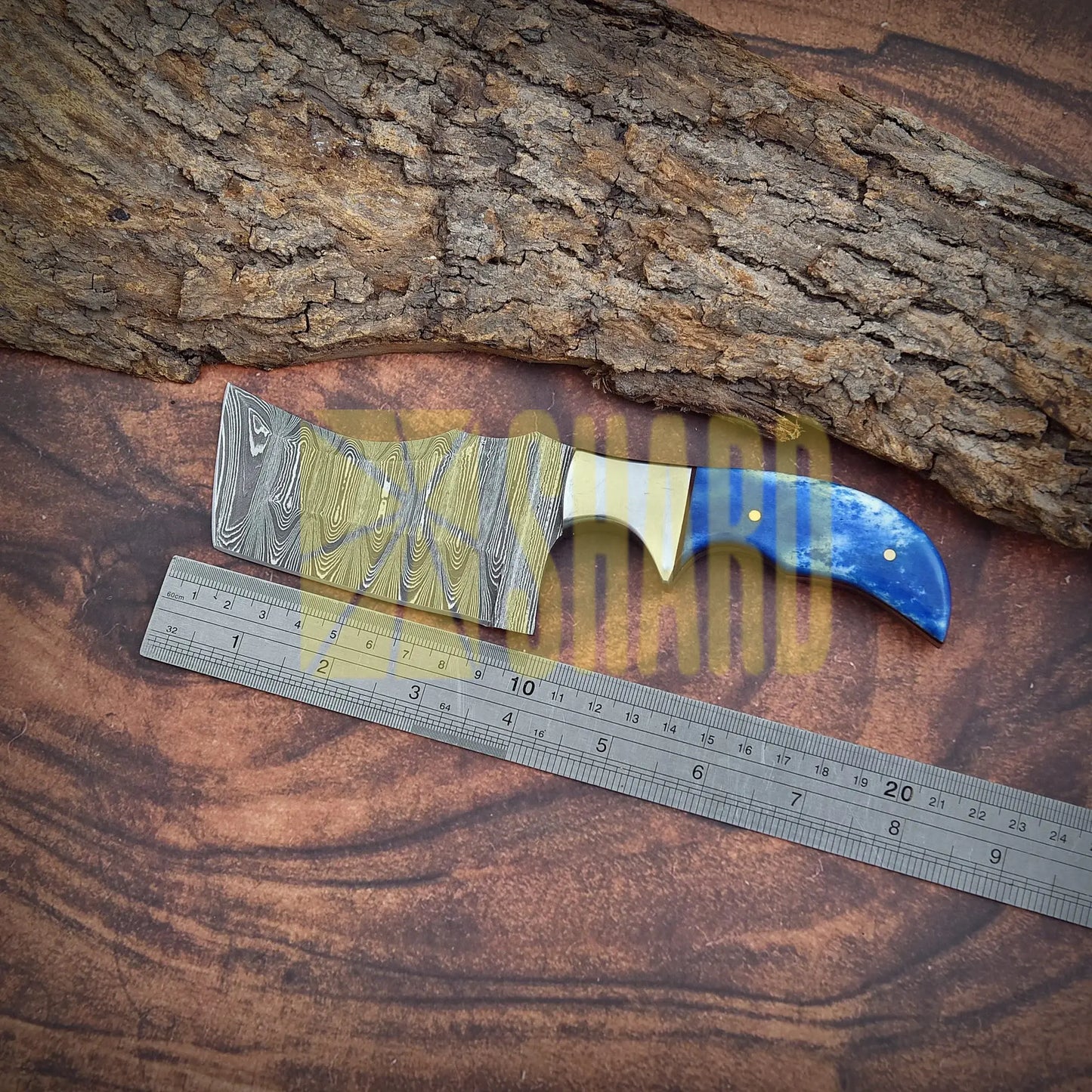 Shard Blade™ Bluehorn Rhino – 8” Hand-Forged Damascus Culinary Cleaver with Blue Dyed Bone Handle