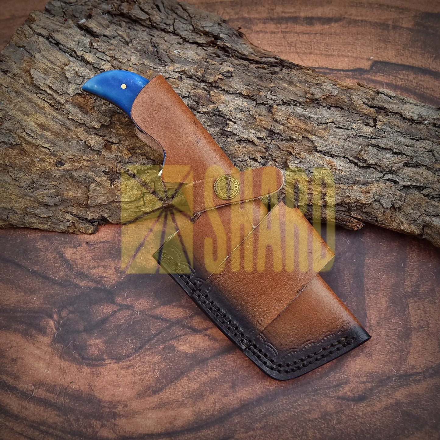 Shard Blade™ Bluehorn Rhino – 8” Hand-Forged Damascus Culinary Cleaver with Blue Dyed Bone Handle