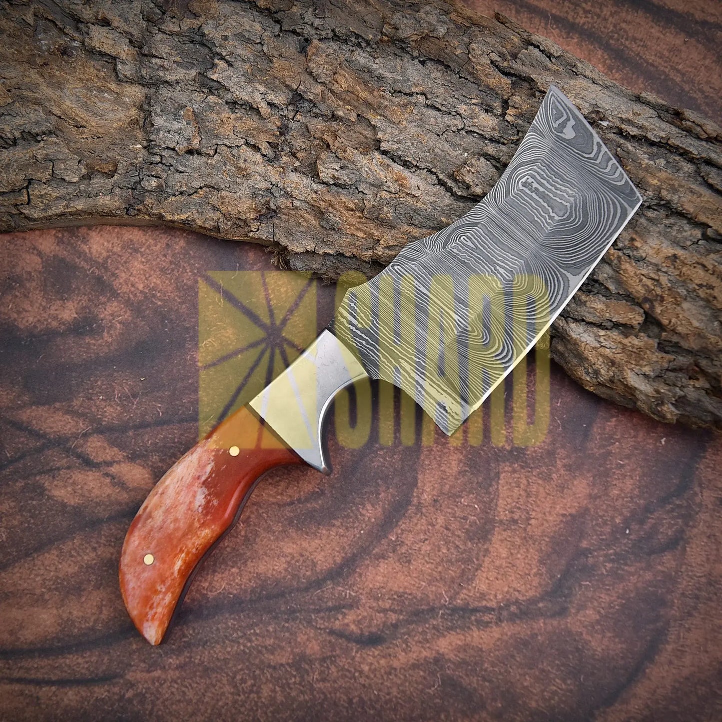 Shard Blade Rhino Tanto – 8’’ Handmade Custom Damascus Steel Cleaver with Distressed Caramel Dyed Bone Handle