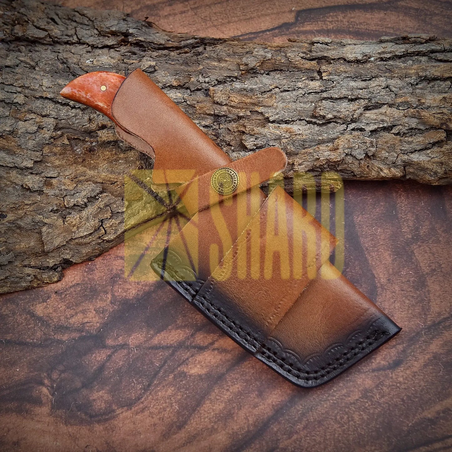 Shard Blade Rhino Tanto – 8’’ Handmade Custom Damascus Steel Cleaver with Distressed Caramel Dyed Bone Handle