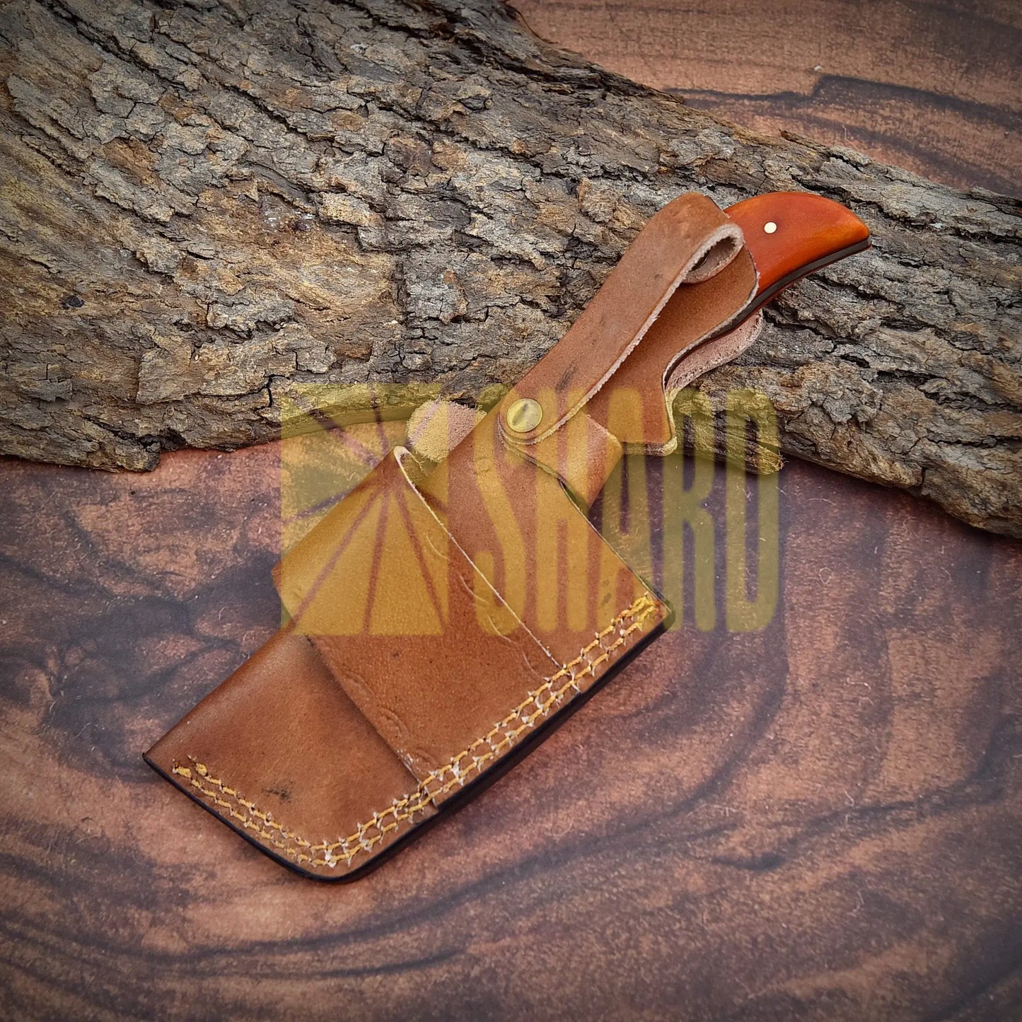 Shard Blade Rhino Tanto – 8’’ Handmade Custom Damascus Steel Cleaver with Distressed Caramel Dyed Bone Handle