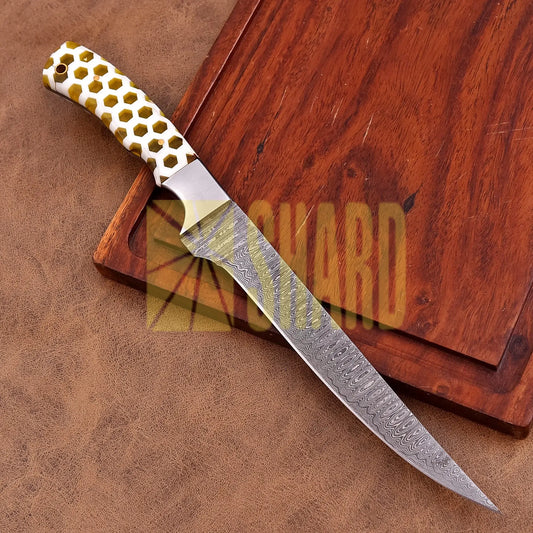 Shard Blade “Golden Hive” Damascus Steel Fillet Knife – Full Tang, Rain Drop Pattern Blade