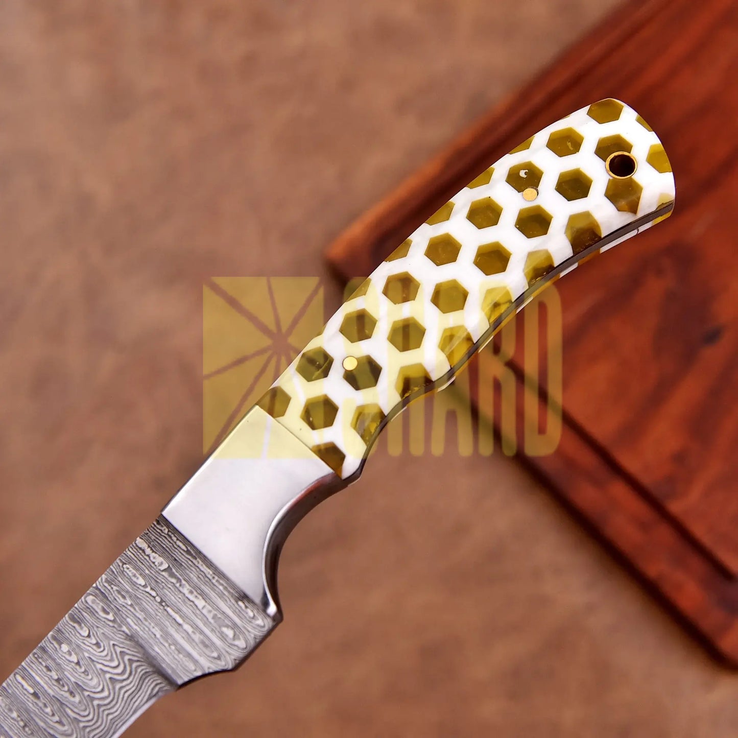 Shard Blade “Golden Hive” Damascus Steel Fillet Knife – Full Tang, Rain Drop Pattern Blade