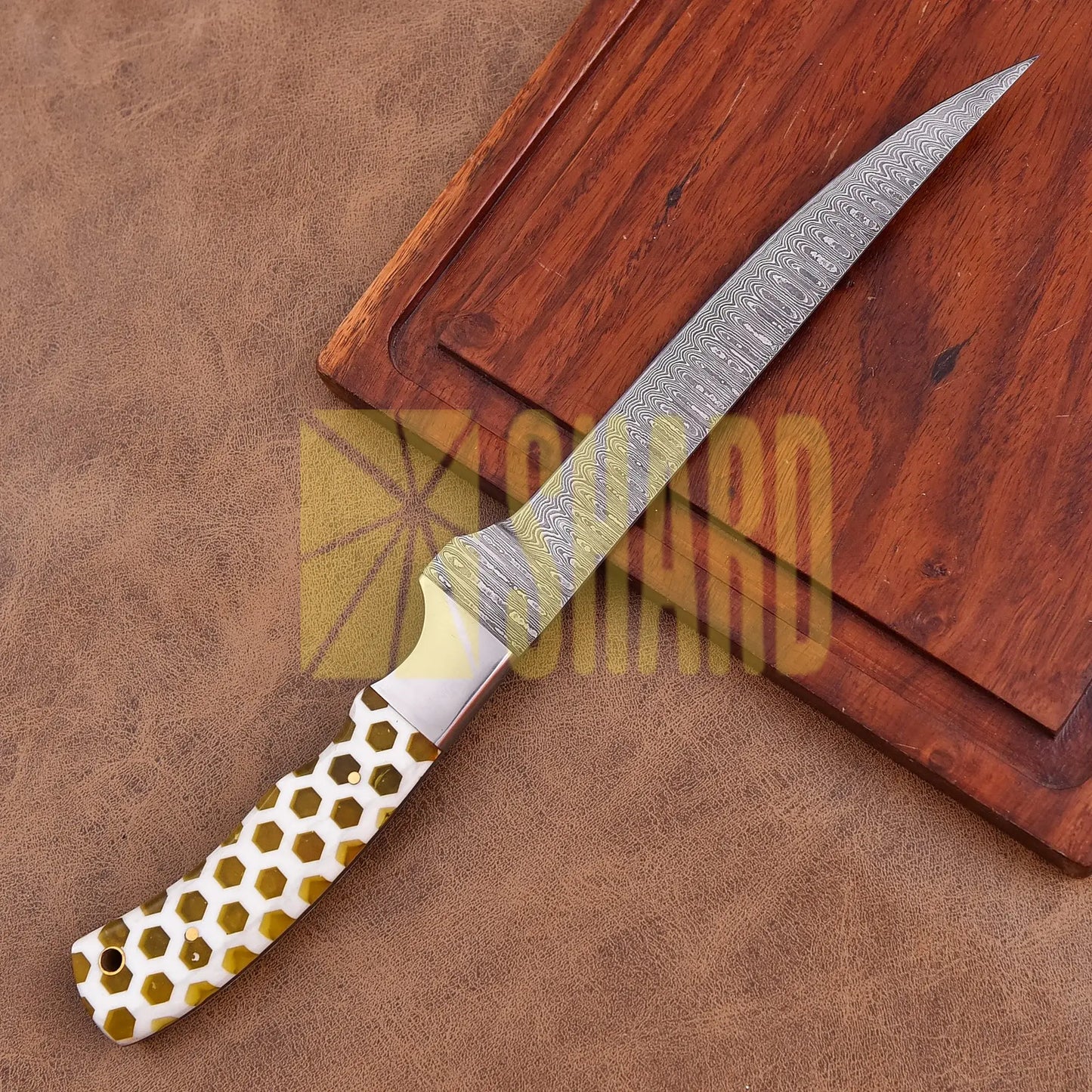Shard Blade “Golden Hive” Damascus Steel Fillet Knife – Full Tang, Rain Drop Pattern Blade