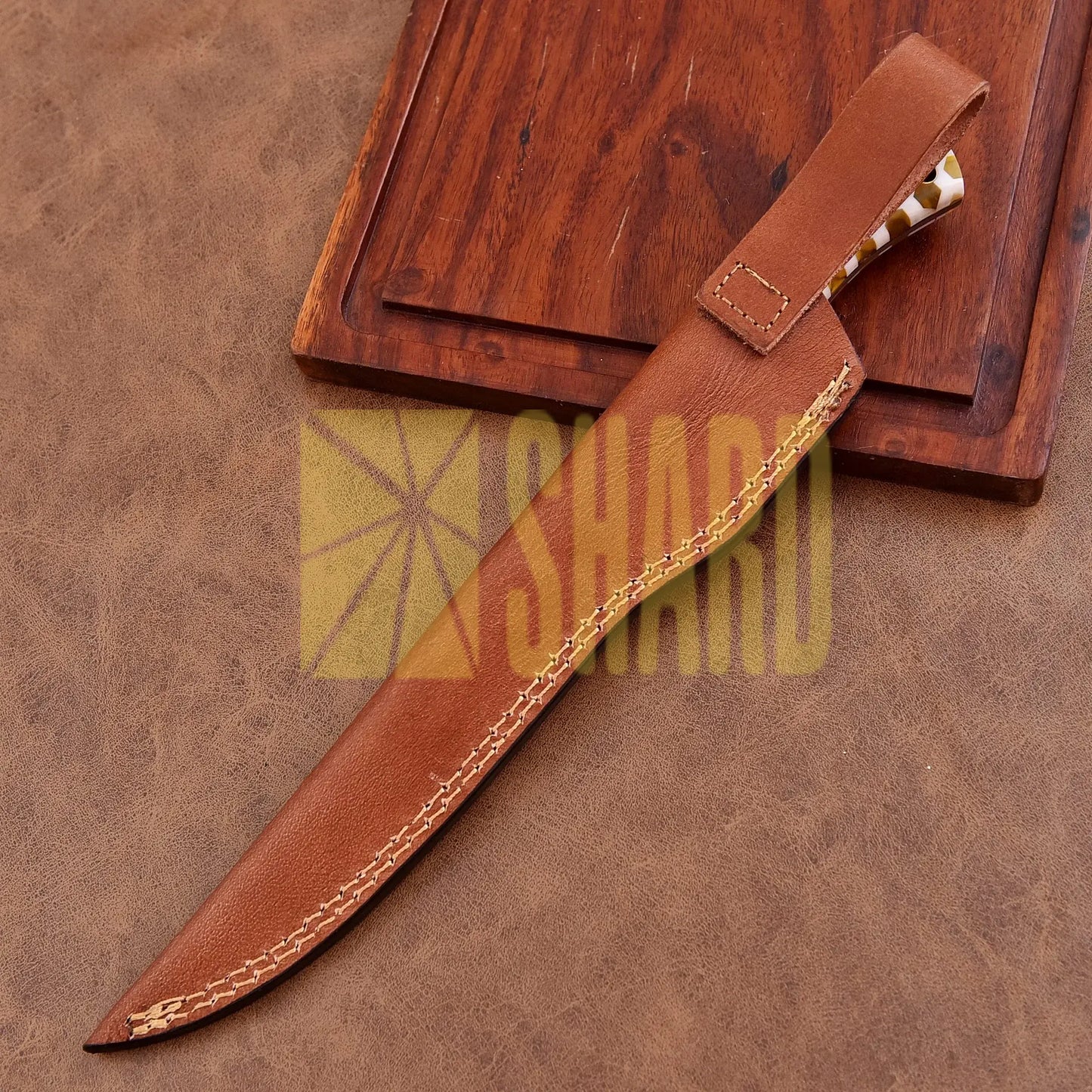 Shard Blade “Golden Hive” Damascus Steel Fillet Knife – Full Tang, Rain Drop Pattern Blade