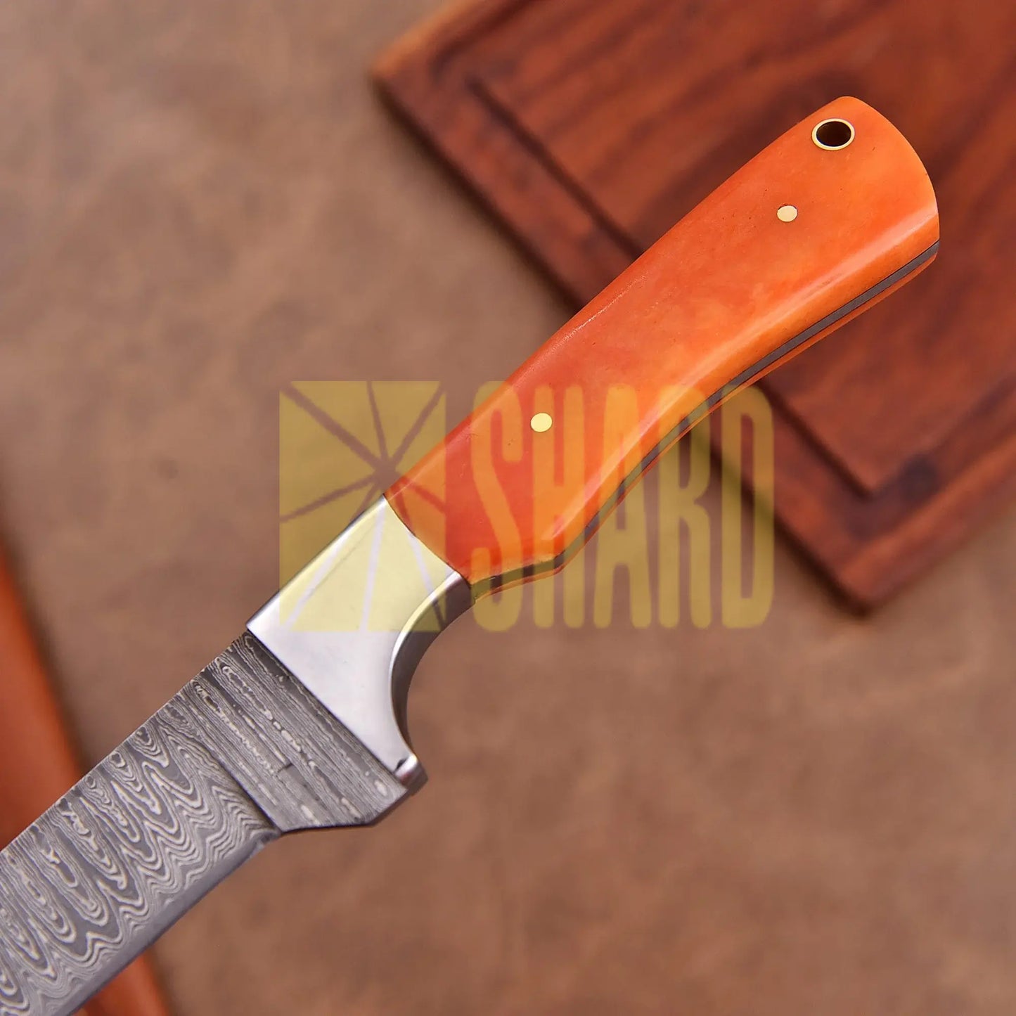 Shard Blade “Sunfire Fillet” – Full Tang Damascus Steel Fillet Kitchen Knife with Steel Bolster & Orange Dyed Bone Handle