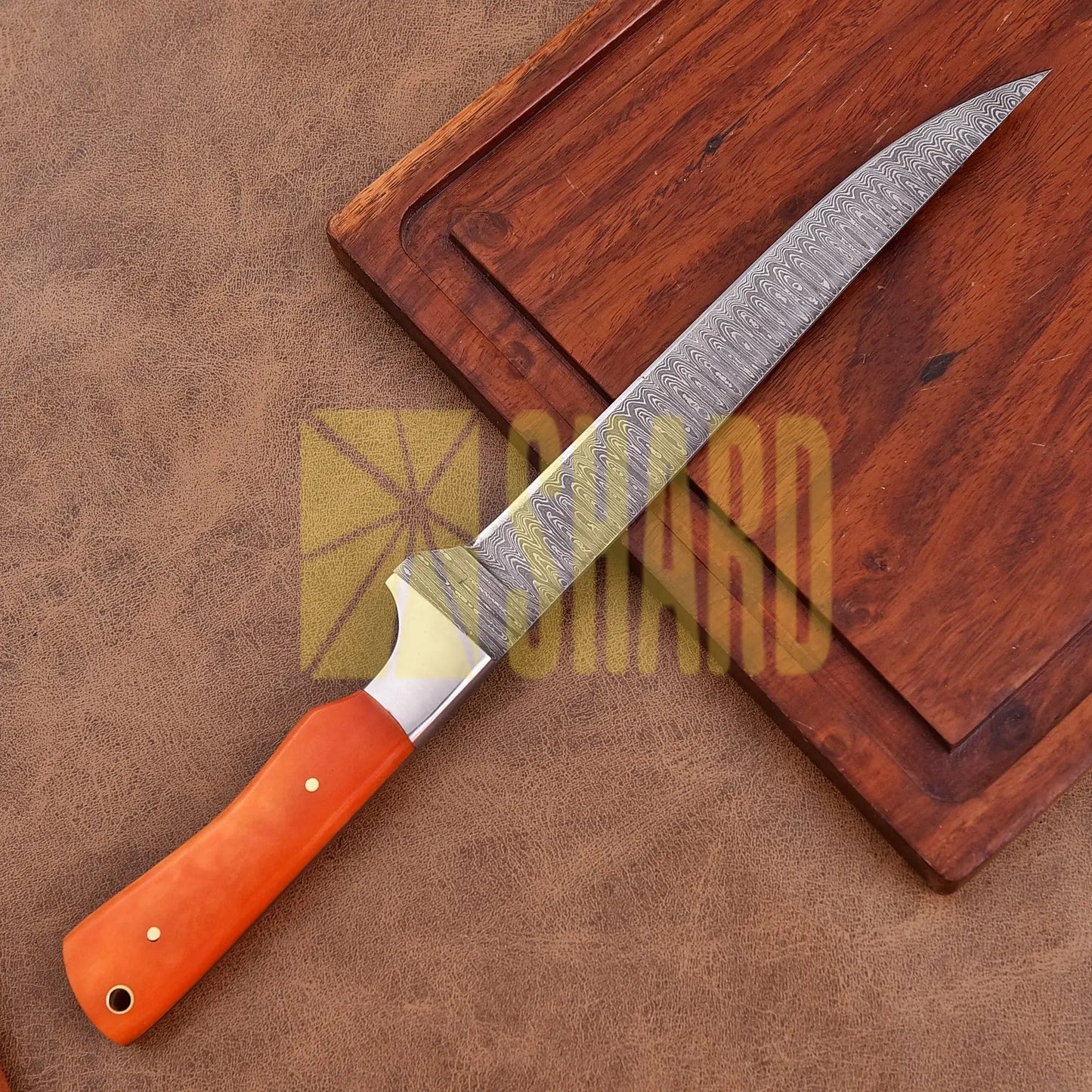 Shard Blade “Sunfire Fillet” – Full Tang Damascus Steel Fillet Kitchen Knife with Steel Bolster & Orange Dyed Bone Handle