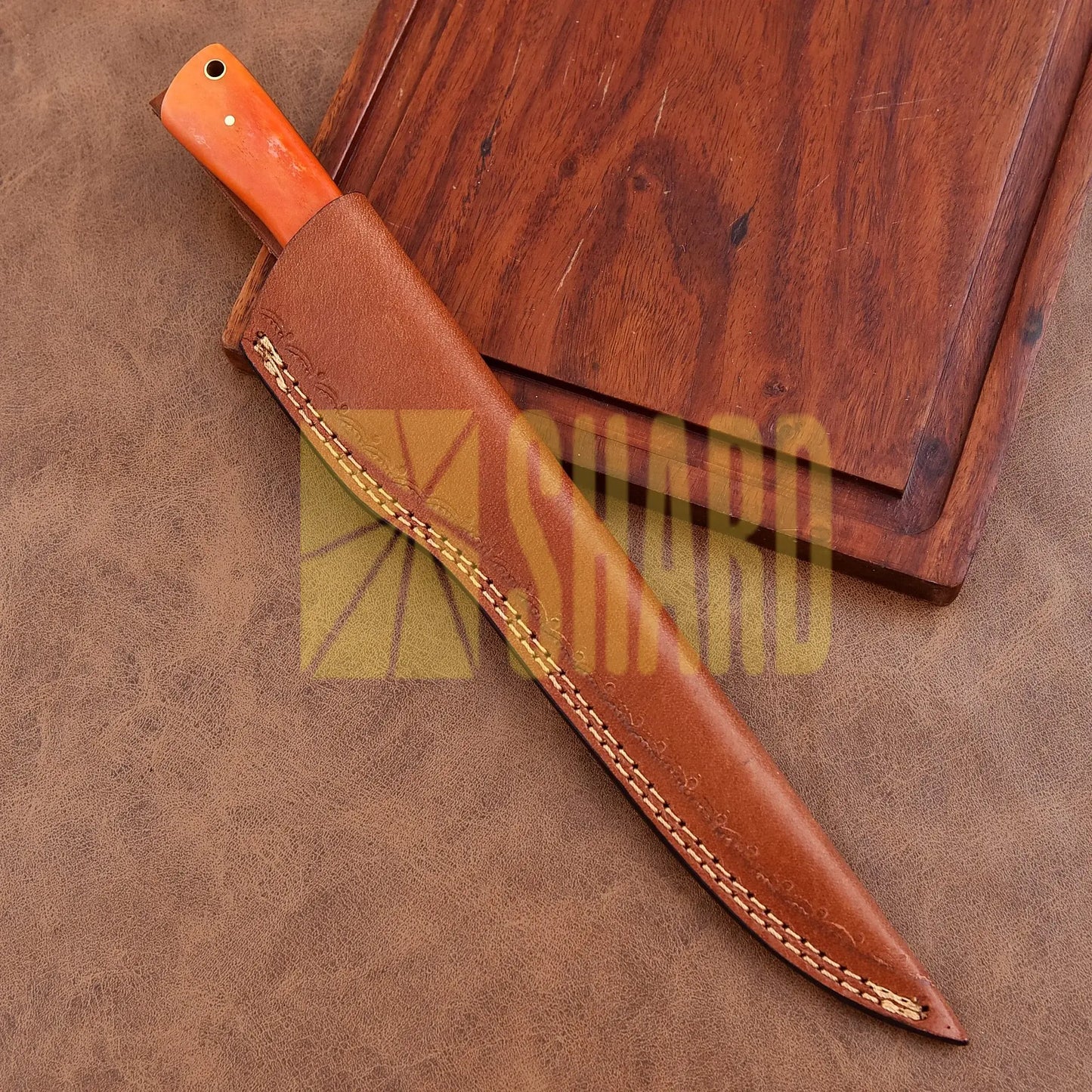 Shard Blade “Sunfire Fillet” – Full Tang Damascus Steel Fillet Kitchen Knife with Steel Bolster & Orange Dyed Bone Handle