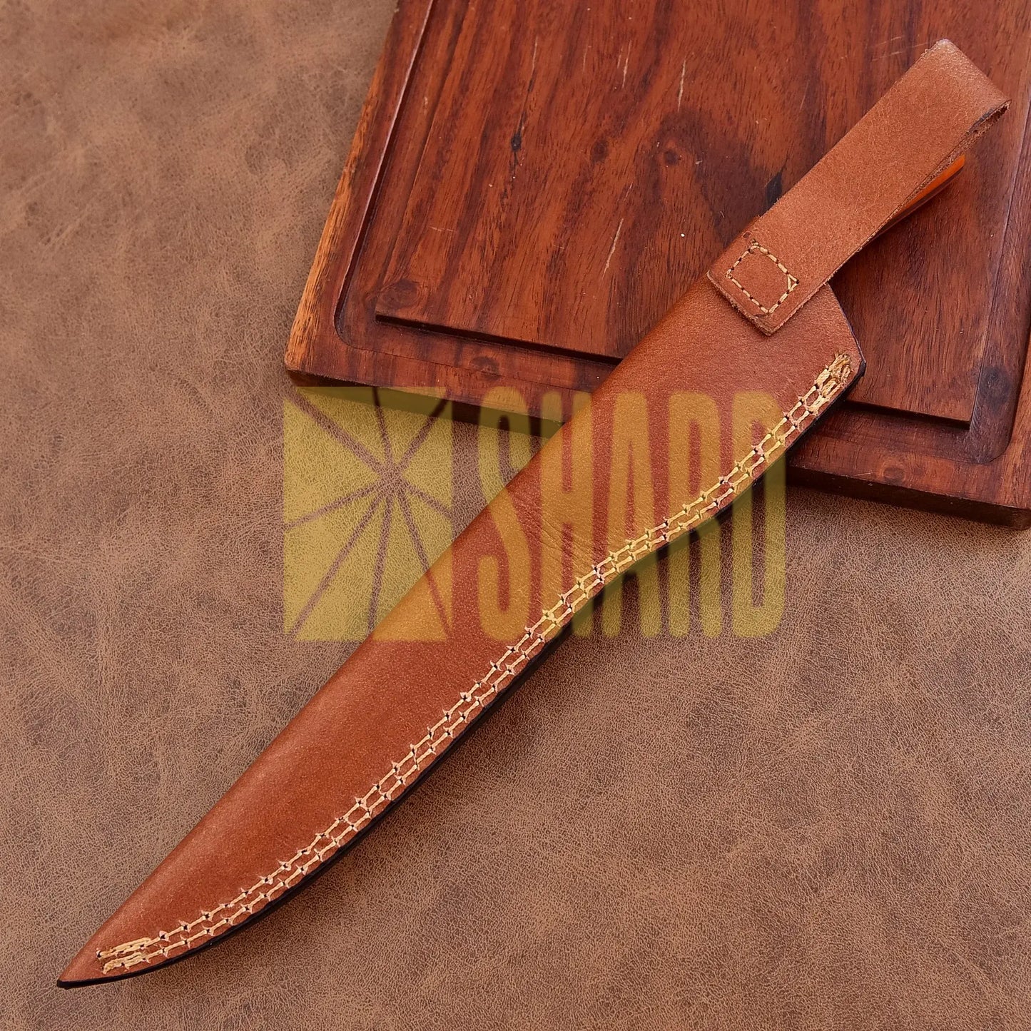 Shard Blade “Sunfire Fillet” – Full Tang Damascus Steel Fillet Kitchen Knife with Steel Bolster & Orange Dyed Bone Handle