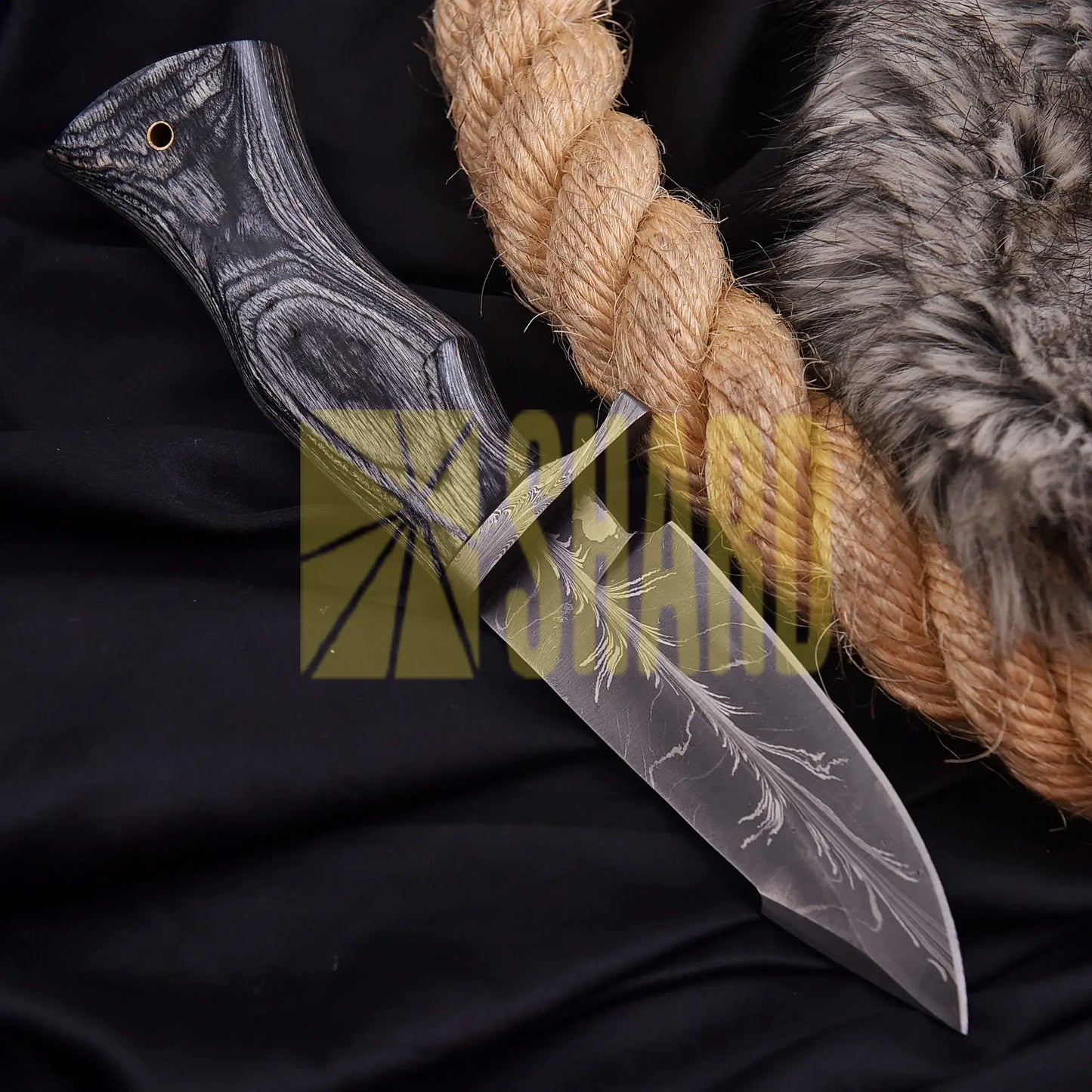 Greywood Feather Damascus Collectible with feather-pattern steel and natural grey wood handle