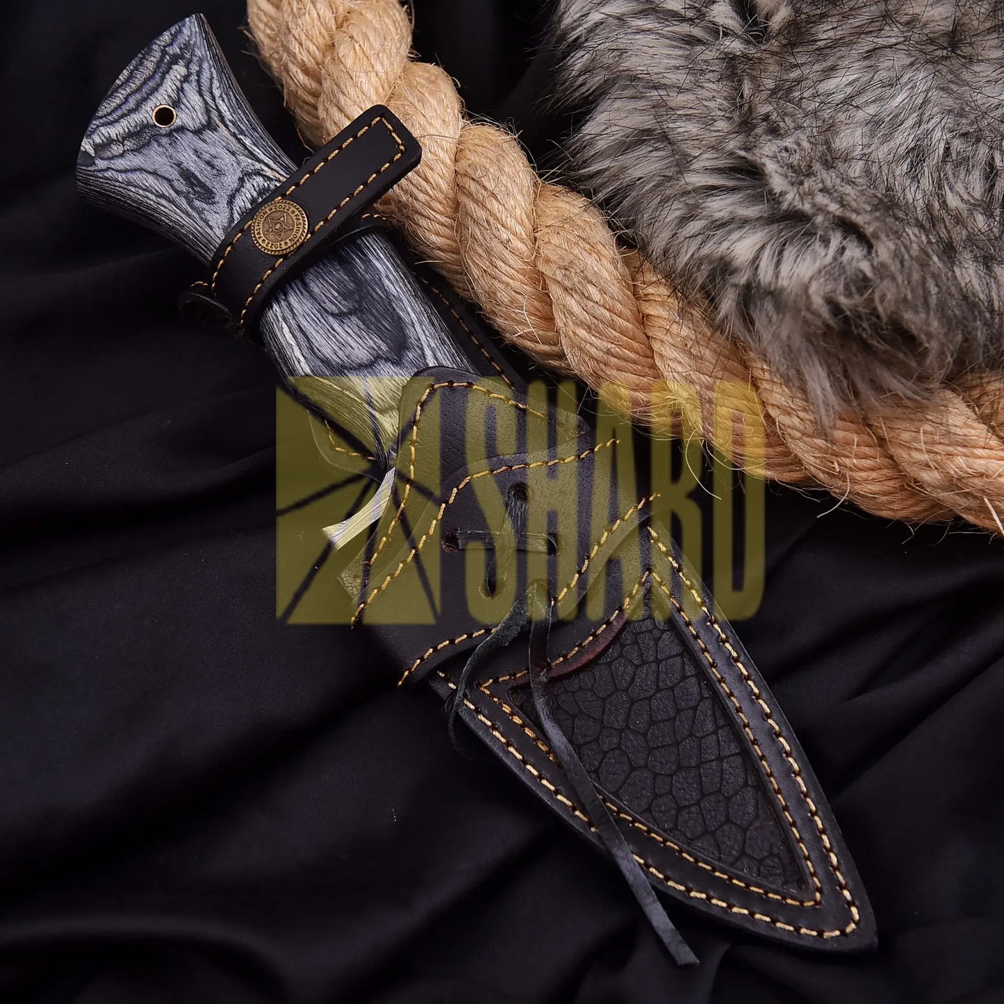 Greywood Feather Damascus Collectible with feather-pattern steel and natural grey wood handle