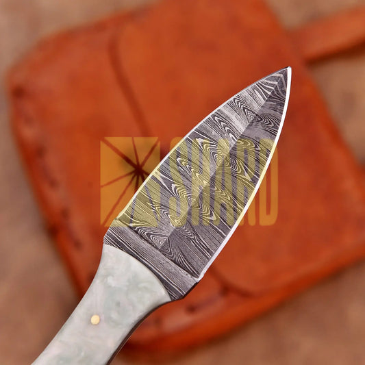 Hand-forged Damascus steel collectible with raindrop pattern and mother of pearl resin handle – Eternal Raindrop gift piece