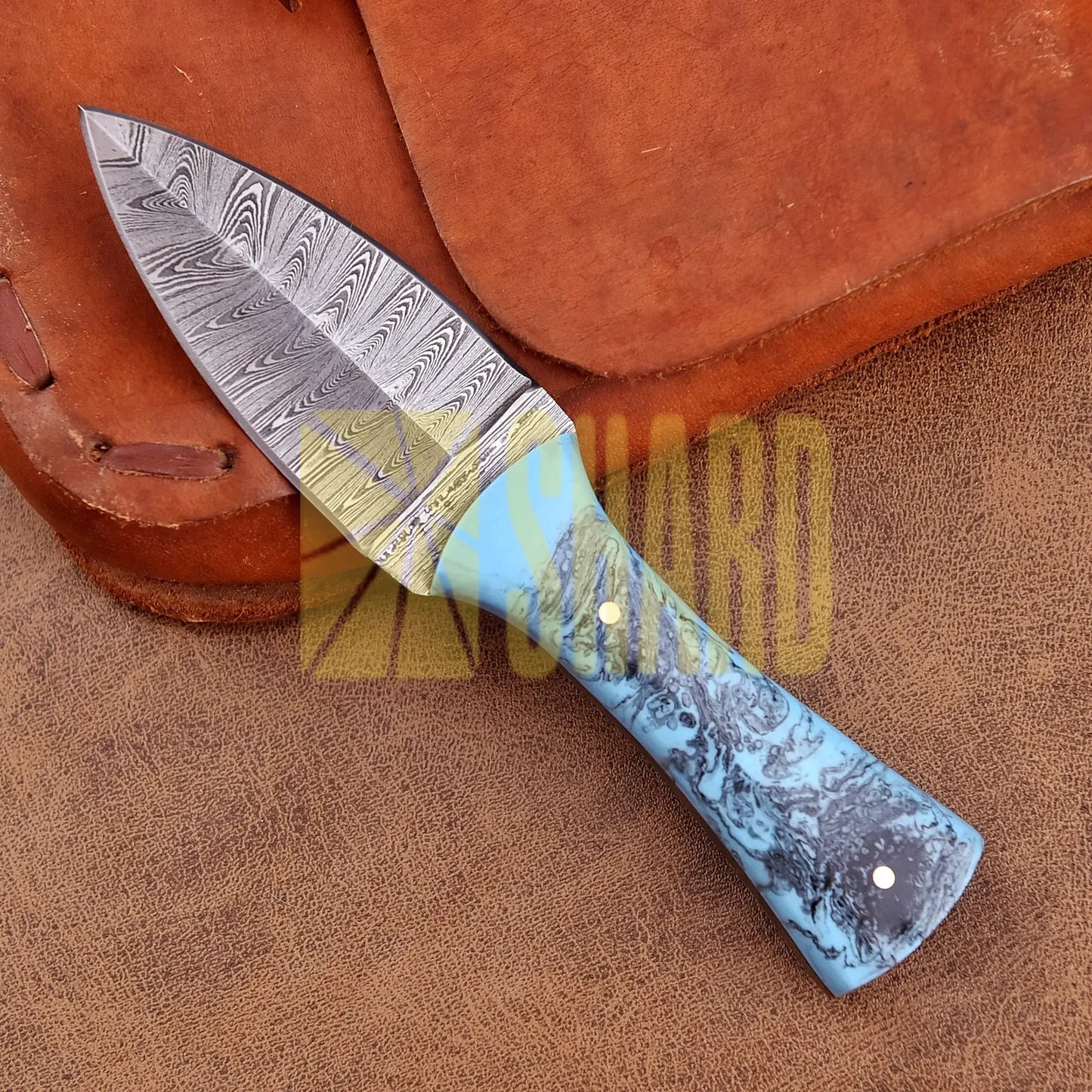 Hand-forged Damascus steel collectible with raindrop pattern and light blue resin handle – Eternal Raindrop gift piece