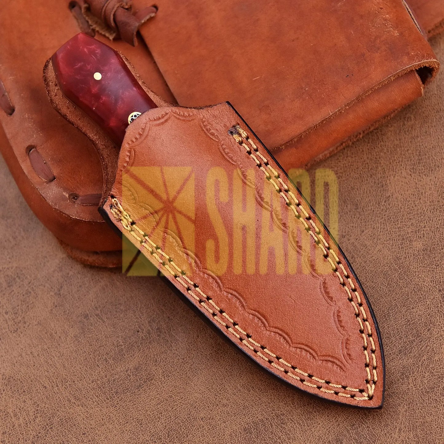 Hand-forged Damascus steel collectible with raindrop pattern and red ruby resin handle – Raindrop Trail gift piece