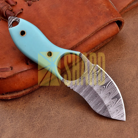 Hand-forged Damascus steel collectible with raindrop pattern and light blue resin handle – Raindrop Mini gift piece