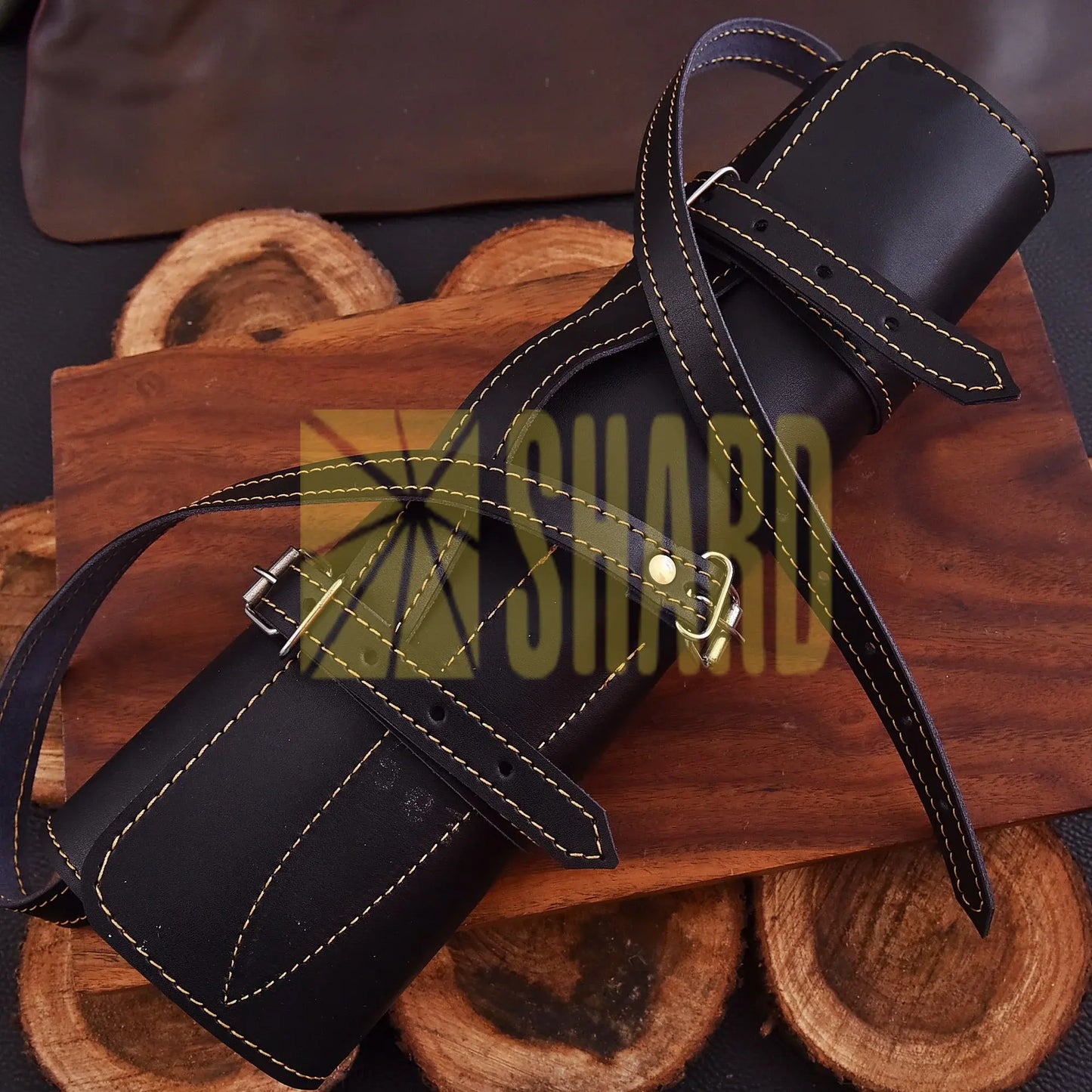Handmade Oceanhearth Damascus Chef Set with natural wood and deep ocean resin handles – 5-piece collectible culinary set with leather roll.
