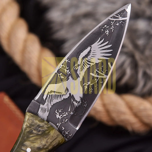 Hand-forged carbon steel collectible with olive green resin handle โ American Eagle gift piece